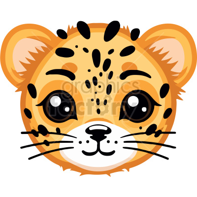 This clipart image features the face of a cartoon baby tiger. The tiger has large, expressive black eyes, a small nose, and a smiling mouth. Its fur is orange with characteristic black stripes and spots, and it has small ears that are colored to match its fur.