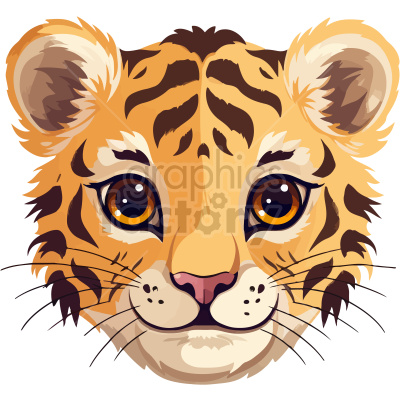The clipart image features a close-up of a cute baby tiger. The tiger has large, expressive amber eyes and features typical of a young feline, such as a small nose, fluffy fur, and distinct striped patterns.