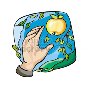 The image is a stylized clipart depicting a hand reaching out to pick a yellow apple from a tree. There are leaves visible around the apple, indicating it is part of a tree.