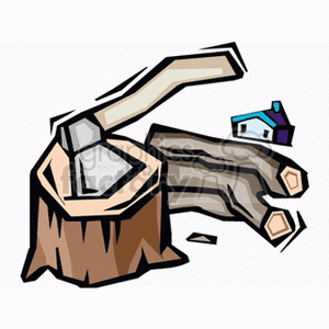 This image depicts a cartoon-style illustration of an axe embedded in a tree stump, with several logs lying next to the stump. In the background, there appears to be a small illustration of a house. The style suggests it might be used either for educational purposes or as part of some informational content related to woodcutting, lumber production, or forestry.