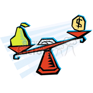 The clipart image shows a traditional balance scale with two pans. On the left pan, there is a stylized green pear, and on the right pan, there is a bag with a dollar sign on it, indicating money. The scale appears to be tipping slightly towards the money, suggesting the value or cost of the pear is being weighed against the money. The image conveys the concept of comparing the value of agricultural produce, such as fruit, to its monetary cost in a market or store setting.