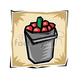 The clipart image depicts a grey, metal bucket with a handle, filled with red apples. The bucket is sitting on a tan background that has a rough texture, perhaps suggesting a rustic setting or straw surface, commonly associated with an agricultural environment.