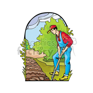 This is a clipart image of a farmer working in the fields, hoeing a row of crops. The farmer is wearing a red cap, a blue overall, and a red shirt, and is using a long-handled hoe to work the soil. The background depicts a serene farm setting with green foliage and a clear sky.