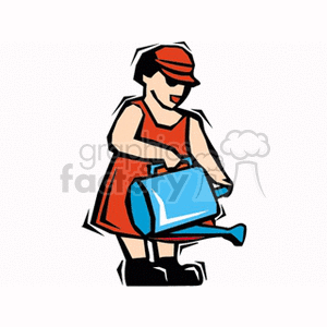This clipart image depicts a stylized woman engaged in gardening. She is wearing a hat, a dress, and boots, and is using a watering can to water plants. The image illustrates an agricultural activity and may represent gardening, farming, or simply caring for plants.