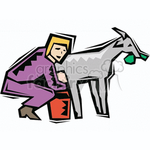 The clipart image depicts a stylized representation of a woman engaged in the act of milking a goat. The woman appears to be in a squatting position holding a milking pail underneath the goat, which is standing and facing to the side.