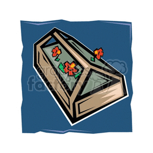 The image shows a stylized, cartoon-like illustration of a geometric terrarium box containing red flowers. The terrarium has a clear glass design, and the red flowers look like they are blossoming inside it. The background is in a contrasting blue shade.
