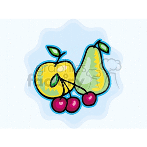 The clipart image shows a collection of fruit, featuring an apple, a pear, and a cluster of cherries. The style is cartoony and colorful, suitable for educational materials or decorative purposes.
