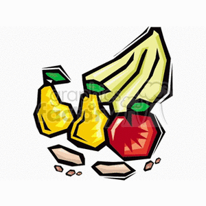 The clipart image features a collection of stylized fruits and nuts. There are bananas, pears, an apple, and several peanuts depicted in a simplistic, cartoon-like manner.