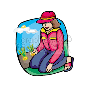 The clipart image features a stylized depiction of a woman engaging in gardening. She is shown planting a flower, wearing casual attire suitable for gardening, such as a hat to shield her from the sun, a jacket, and pants. In the background, there's an idyllic outdoor setting with a cloud in the sky, signifying a peaceful day for gardening.