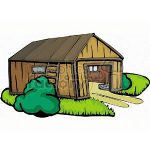 The image shows a stylized cartoon of a wooden barn, characterized by its wide structure with a sloping roof. The barn has a prominent front door, and a small window indicating its rustic design, commonly seen on farms. Around the barn, there are green bushes or shrubs indicating that the barn is set within a grassy field, typical of a rural or agricultural landscape.