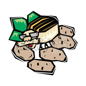 This clipart image displays a stylized cluster of brown potatoes, with an animated, anthropomorphic boll weevil beetle character wearing a hat, perched on top of them. The weevil appears to be depicted as a pest, with an emphasis on its role in affecting potato crops.