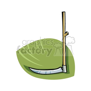 The clipart image depicts a traditional agricultural tool known as a sickle, which has a curved blade attached to a long handle. It is often used for cutting grass or reaping crops.