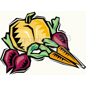 The clipart image depicts a collection of stylized vegetables that include a pumpkin, carrots, and radishes. These vegetables are commonly associated with gardening, agriculture, and the harvest season, particularly in the fall.