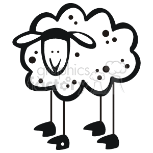 The image is a black-and-white drawing of a sheep. The sheep has four long thin legs and black feet,  Its body is covered in thick wool.