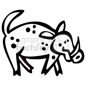 This cartoon depicts a black-and-white line drawing of a spotted pig or boar. It has a tusk coming out of its mouth. 