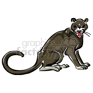 The clipart image features a stylized representation of a leopard. The leopard is sitting with its tail curled, and it has a slight snarl on its face with its tongue sticking out slightly.