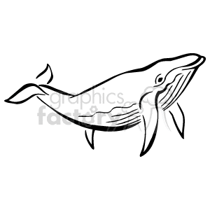 The image is a black and white line art of a whale. It is a stylized representation, without any additional details such as color, indicating that it may be intended for coloring, graphic design, or illustrative purposes. It captures the whale in profile, with visible pectoral fins and a horizontally oriented tail fluke, which are characteristic features of whales.
