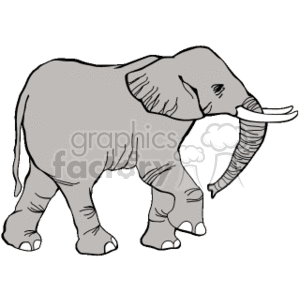 The clipart image depicts an African elephant walking or prancing with one of its front legs raised, suggesting movement. The elephant has a gray body, tusks, and visible wrinkles on its trunk and legs.
