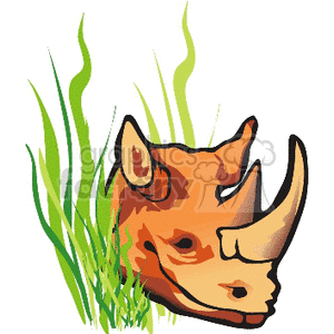 The image is a clipart that features the side profile of a rhinoceros head. The rhino appears to be depicted in a stylized manner with a warm color palette. Part of the animal's body is shown hidden behind tall, green grass, suggesting a natural, possibly African savannah habitat. The image is simple and graphic, suitable for various educational and decorative purposes.