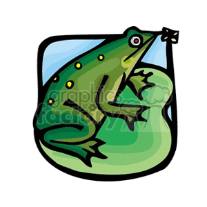 This clipart image shows a stylized green frog with yellow spots on its back, sitting on a green lily pad. The frog appears to have a cartoonish design with a simple outline and exaggerated features, such as big red eyes and a smiling mouth. The background is a light blue square with rounded corners, suggesting the presence of water or sky behind the frog.