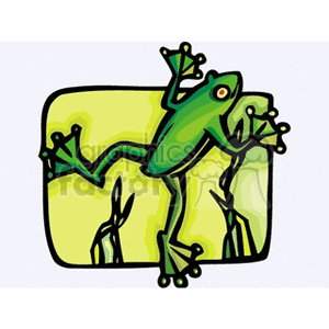 The image is a stylized clipart representation of a green frog in mid-jump. The frog's limbs are spread out, and its eyes are wide open. The background appears to be a simplified graphic depiction of greenery, suggesting the frog's natural habitat.