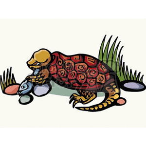 The image features a stylized, animated depiction of a turtle in a sea or underwater setting, with exaggerated features for a whimsical effect. The turtle has a distinctive red shell with patterned markings, and it seems to be interacting with blue-rock-like objects or underwater elements. There is vegetation that resembles seaweed or water plants around the turtle.