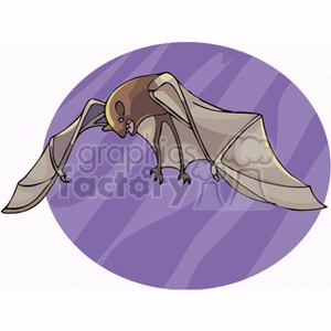 In this clipart image, there is a cartoon illustration of a bat with outstretched wings, appearing to be in mid-flight. The background has a purple hue, possibly suggesting a twilight or nighttime setting.