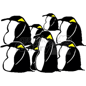 This clipart image features a group of stylized emperor penguins huddled together. Each penguin is depicted in a simplified manner with prominent black and white coloring and distinctive yellow patches, which are characteristic of emperor penguins.