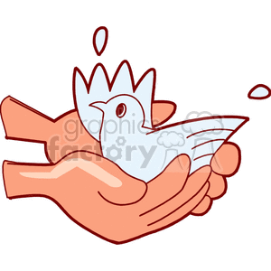The image is a clipart featuring a stylized representation of a human hand with a dove resting on it. There are small droplets or decorative elements around the dove and hand, which might symbolize peace or freedom. 