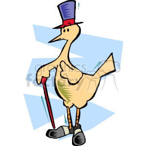 The clipart image features a stylized cartoon bird that appears to be a duck. The duck is depicted in a humorous and anthropomorphic fashion, standing upright on two legs. It's wearing a top hat and appears to be dancing or walking with a lively attitude. It holds a cane in one wing and has its other wing bent at the elbow, giving a thumbs-up gesture. The overall tone of the image is playful and light-hearted.