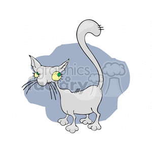 The clipart image features a stylized gray cat with exaggerated features such as large green eyes and prominent whiskers. The cat is standing with its tail curled upwards, and there is a simple shadow or spot of color behind it, giving a sense of ground or location for the feline.