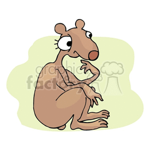 The image displays a cartoon depiction of a brown rodent, possibly intended to be a mouse or rat, with a large nose, big eyes, and a long tail, sitting on its hind legs against a greenish abstract background.