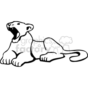 The clipart image depicts a lion in a simplified black and white drawing. The lion appears to be seated with its body profiled to the side, while turning its head towards the viewer. It is roaring or yawning, with its mouth wide open.