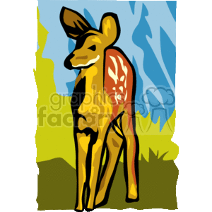 The clipart image portrays a stylized representation of a fawn, which is a young deer. The colors are vivid and somewhat abstract, using blocks of color to define the form of the animal. The background suggests elements of a natural setting with blue elements that could be interpreted as sky and yellow and green that might indicate vegetation. The overall style is bold and simplified, emphasizing shapes and colors over detailed realism.