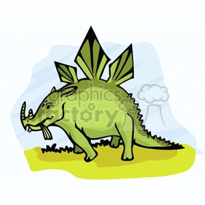 The clipart image features a cartoon of a green dinosaur that resembles a Triceratops, with large frill and horns, walking on a grassy surface. The dinosaur has a friendly appearance and is simplified in style, typical of clipart.