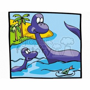 The clipart image features a cartoon of two purple dinosaurs, which appear to be a mother and baby, near water with a tropical setting in the background indicated by a palm tree. The baby dinosaur is in the water, while the mother dinosaur is partly on land and partly in the water. There's also a small depiction of a fish jumping out of the water, adding to the playful and lighthearted feel of the image.