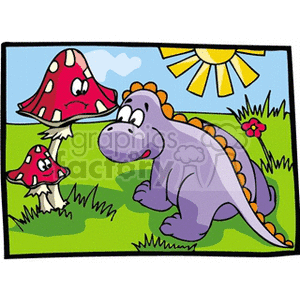 In the clipart image, there's a cartoon-style smiling purple dinosaur with orange spots and a yellow spine, standing in a sunny, grassy field. The dinosaur appears to be looking curiously at a pair of red mushrooms with white spots—a large one and a small one. There's a sun shining brightly in the sky, and a single red flower is also visible in the grass.