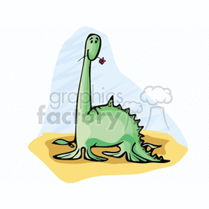 The clipart image depicts a cartoon of a cheerful, green dinosaur standing in a sandy area with a blue background, likely suggesting the sky. The dinosaur appears to be a simplified representation of a sauropod, characterized by its long neck and tail, and it has a whimsical expression with a flower in its mouth, adding a playful element to the illustration.