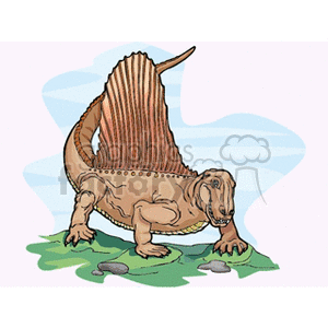 This clipart image depicts a stylized cartoon representation of a dinosaur. The dinosaur has a prominent spiked back with a large sail-fin running down its spine, possibly suggestive of a Dimetrodon or a similar prehistoric creature. It appears to be walking on four legs and has a long tail. The creature is situated on a patch of grass with a couple of rocks nearby.