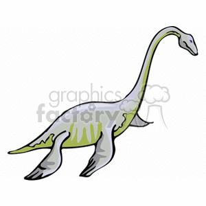 The clipart image features a stylized depiction of a dinosaur, specifically resembling a sauropod with its long neck and tail, and four stout legs.