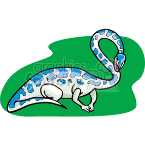 This clipart image displays a cartoon representation of a blue and white dinosaur, recognizable by its long neck and tail, on a green background. The dinosaur might be illustrative of a sauropod, which is a group known for their large size, elongated necks, and tails.