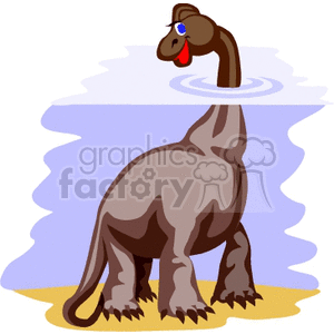 This clipart image features a cartoon representation of a sauropod dinosaur with a comically long neck. The dinosaur is brown, standing on a yellow ground with a light blue backdrop, which might suggest the sky. It has a simple and stylized appearance, with big, round eyes, one of which is winking, and a little smile, giving it a friendly and amusing look.