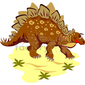 The clipart image features a cartoon representation of a Stegosaurus, a type of dinosaur. The Stegosaurus is shown with its characteristic plates along its back and spikes on its tail. It's depicted in a side profile, walking on a patch of ground with some small plants nearby. The dinosaur has a happy expression and appears to be smiling.