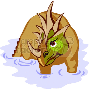 The clipart image shows a cartoon depiction of a triceratops, which is a type of dinosaur with three horns on its face. The triceratops is illustrated with a playful and slightly exaggerated style, featuring prominent green eyes, and it appears to be standing in a puddle of water. The colors are vibrant, with a brown body and shades of green around its eyes.