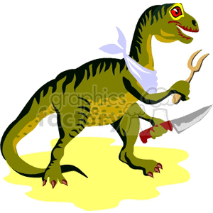 The image depicts a cartoon of a green, bipedal dinosaur resembling a Velociraptor. It has a humorous aspect, standing upright like a human. The dinosaur is dressed in what appears to be a white bib or apron tied around its neck and is holding a silver fork in its left hand and a chef's knife in its right hand, giving it a comical chef-like appearance. It has a red tie around its tail, adding to the whimsical character design.