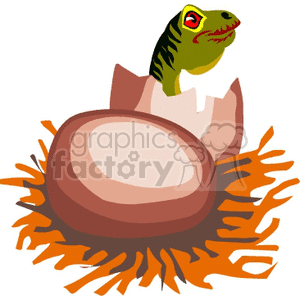 The clipart image shows a cartoon depiction of a green baby dinosaur hatching from an egg. The egg is cracked open at the top, and the dinosaur's head and a part of its neck are visible. The dinosaur has red details around its eyes and mouth, resembling a smile or a curious expression. The egg is nested in what appears to be a nest made of straw or twigs.