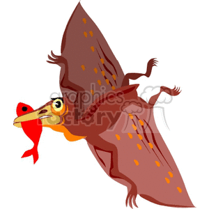 The clipart image features a cartoon representation of a flying dinosaur, typically resembling a Pterosaur, which is a type of flying reptile that lived during the time of the dinosaurs. This particular cartoon has a whimsical design, with bright color accents, and it appears to be soaring or gliding.