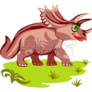 The clipart image features a stylized cartoon of a brown triceratops-like dinosaur with three prominent horns on its snout and a large frill behind its head. The scene also includes a simple green ground with some grass details. The dinosaur is characterized by an exaggerated, friendly, and quirky style.