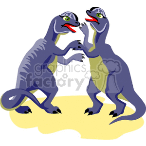 The clipart image depicts two cartoon dinosaurs standing upright and facing each other with their hands on their hips. They appear to be engaging in some sort of confrontation or argument, with expressions that suggest they are in a disagreement or playful squabble. The dinosaurs are stylized and anthropomorphized, exhibiting human-like characteristics, such as standing on two legs and having exaggerated facial expressions.