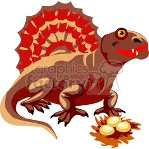 The clipart image features a stylized, cartoonish dinosaur with a large, fan-like ridge along its back. The dinosaur has a happy expression and appears to be standing next to a nest with three eggs. The colors are primarily in shades of brown and red.